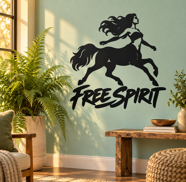 Black centaur and rider vinyl decal with “FREE SPIRIT” text on wall