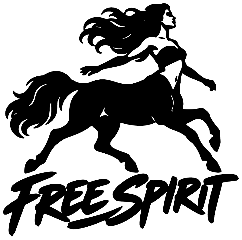 Close-up black centaur rider vinyl decal with “FREE SPIRIT” lettering
