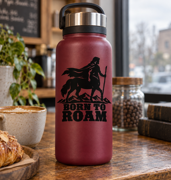 Born to Roam vinyl decal: black centaur rider with mountains and text.