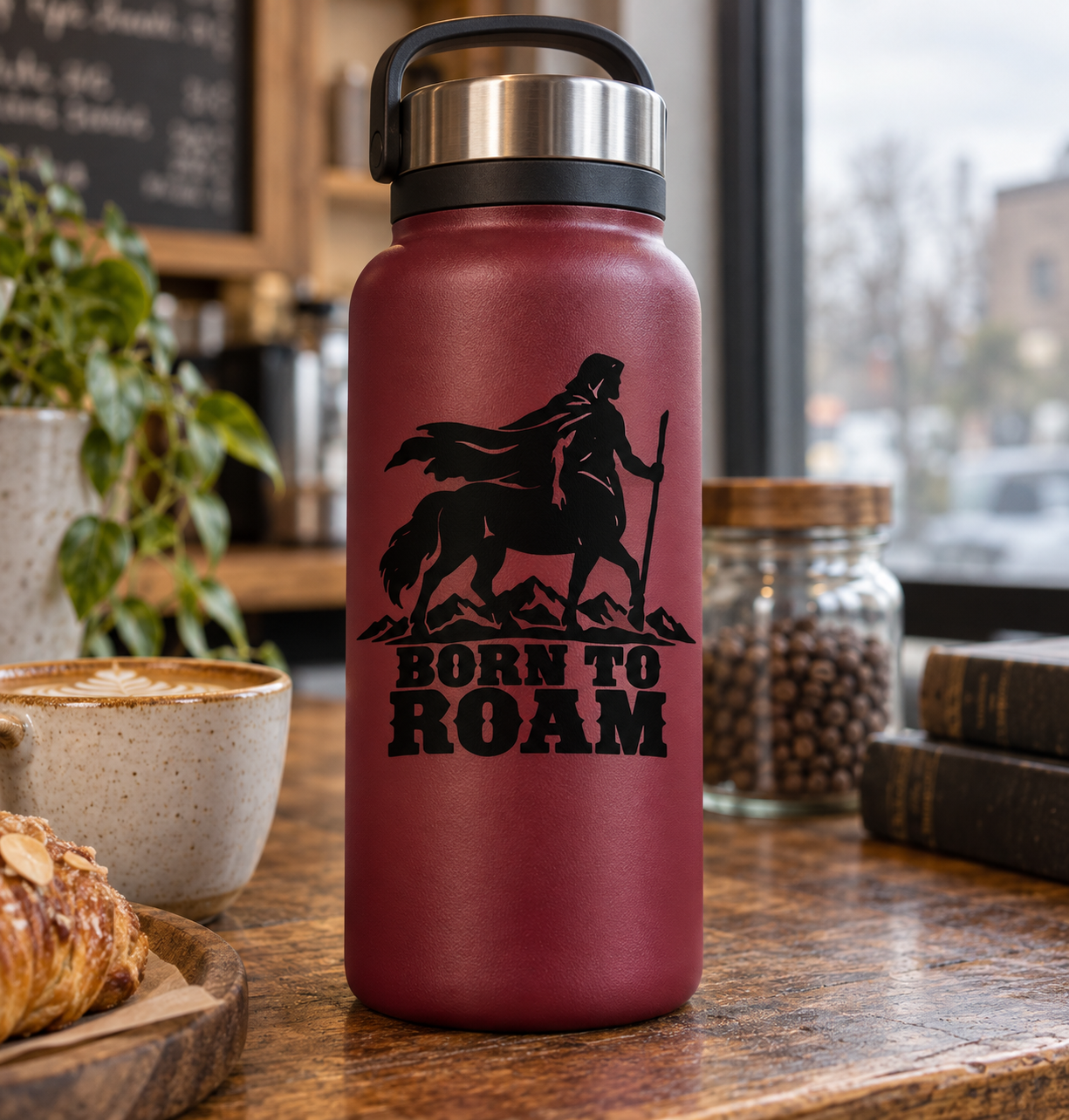 Born to Roam vinyl decal: black centaur rider with mountains and text.