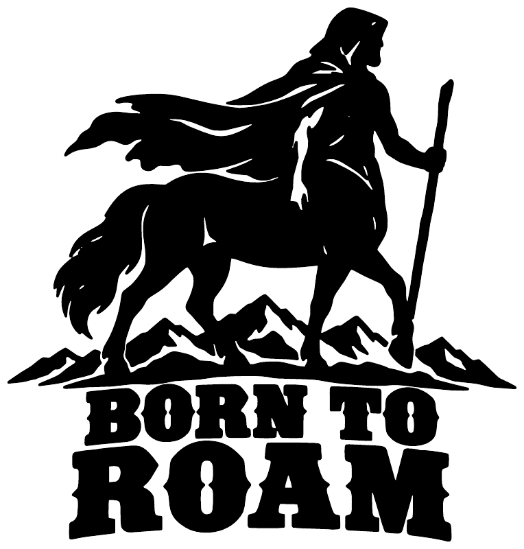 Born to Roam vinyl decal, black centaur silhouette over mountains with stacked lettering.