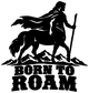 Born to Roam vinyl decal, black centaur silhouette over mountains with stacked lettering.