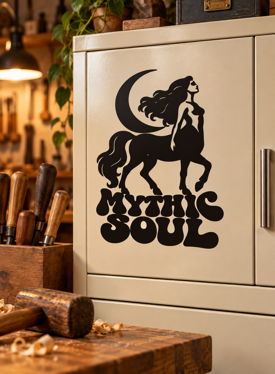 Black centaur vinyl decal with crescent moon and 'Mythic Soul' text on cabinet