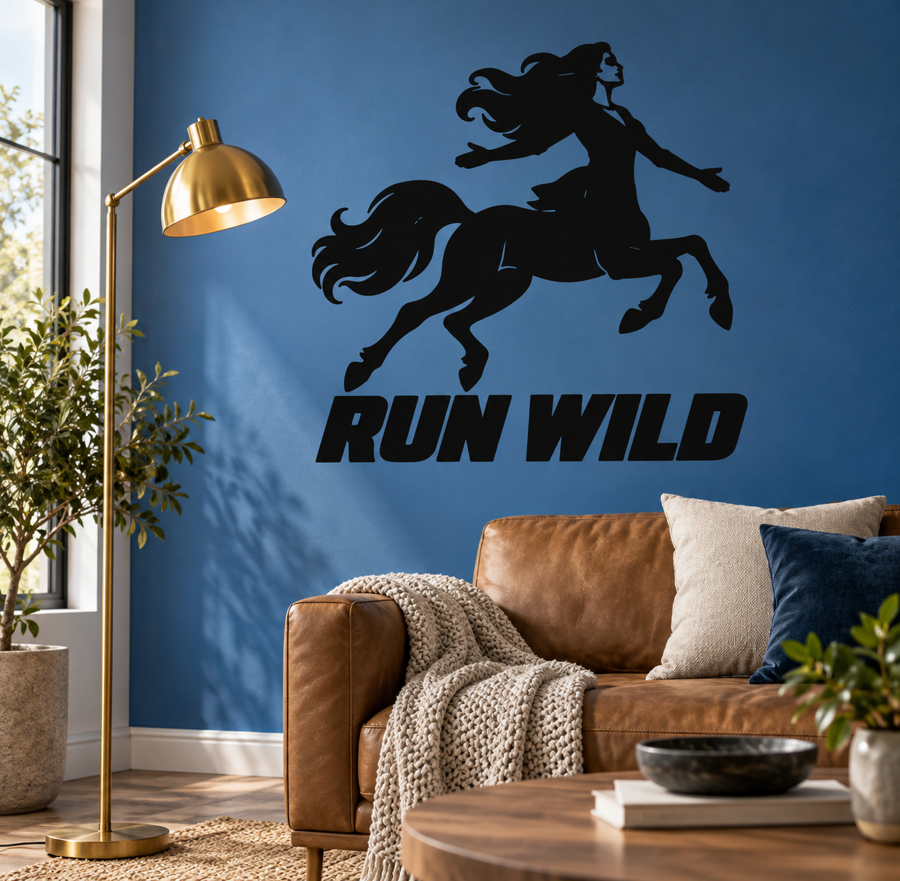 Vinyl decal featuring black centaur on rearing horse with bold “RUN WILD” text.