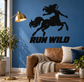Vinyl decal featuring black centaur on rearing horse with bold “RUN WILD” text.