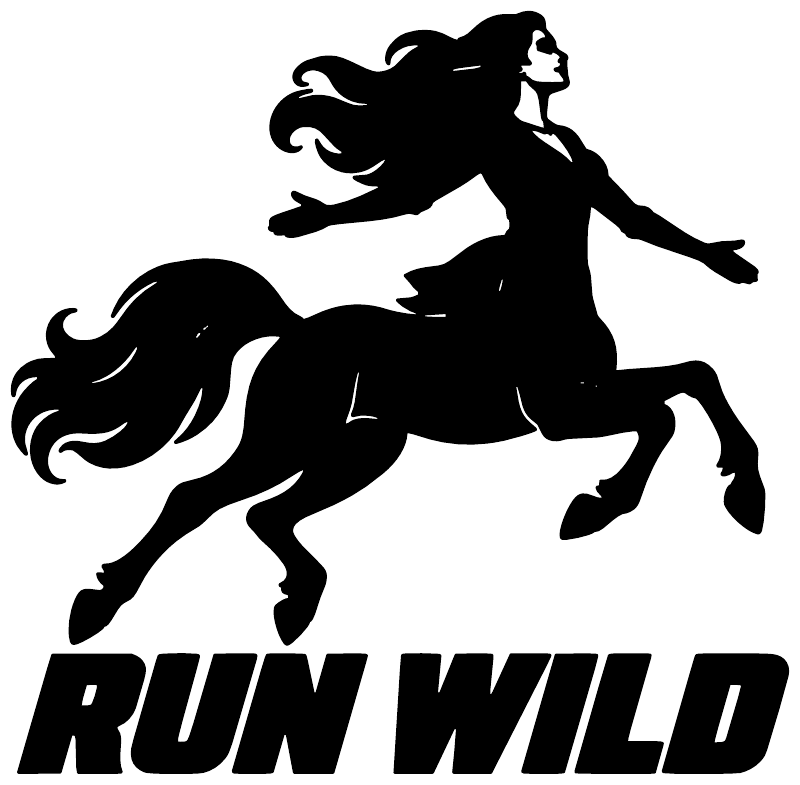 Vinyl decal close-up: black centaur riding a rearing horse with “RUN WILD” lettering.
