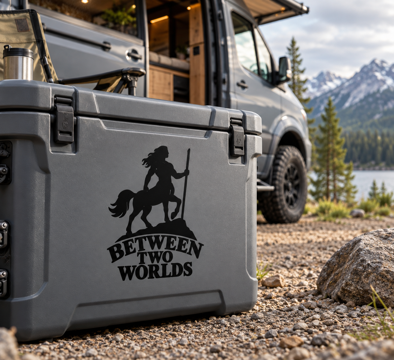 Vinyl decal showing a centaur warrior with “Between Two Worlds” text on a grey surface