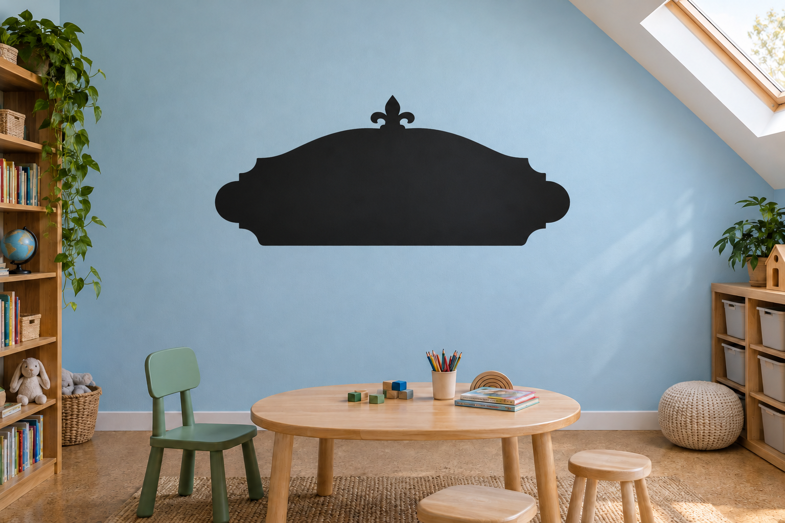 Black ornate chalkboard vinyl wall decal with fleur-de-lis top