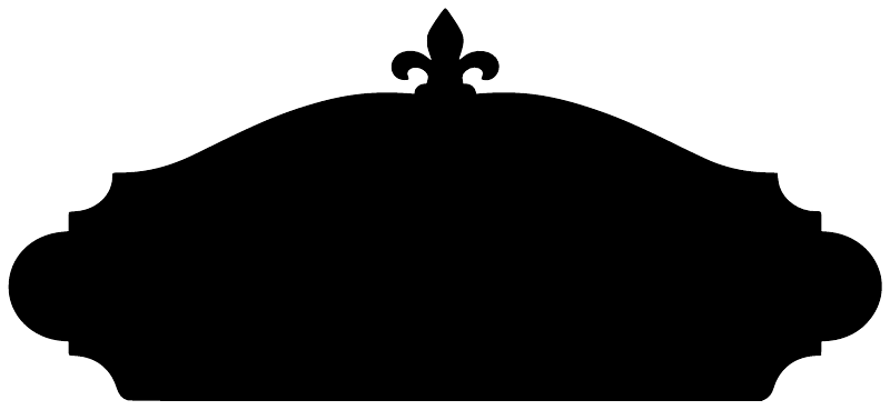 Black arched chalkboard vinyl decal with fleur-de-lis finial and scroll edges