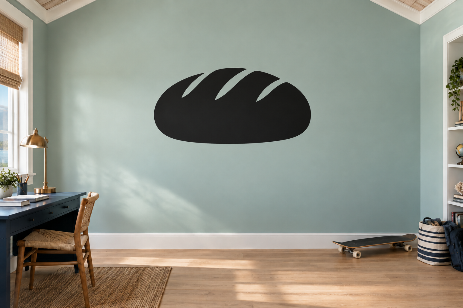Black loaf-shaped chalkboard vinyl decal with three white slash highlights