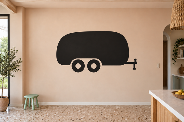 Chalkboard-style camper van vinyl decal with wheels and side faucet icon