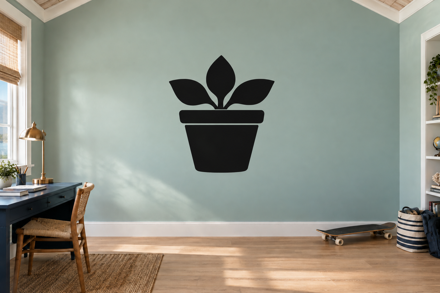 Chalkboard vinyl pot decal with sprouting leaves icon, black