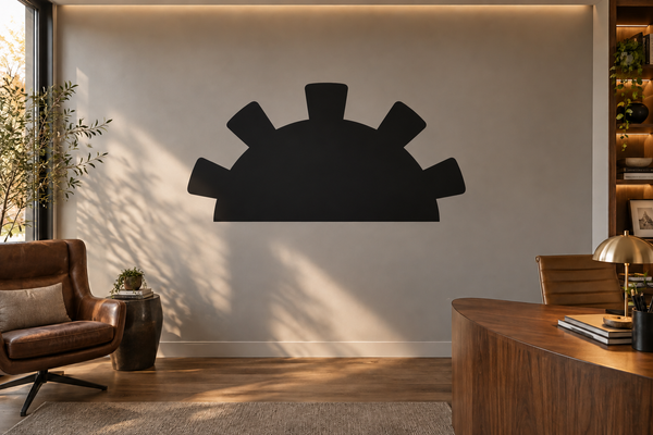 Black arch chalkboard vinyl decal with sun-gear silhouette