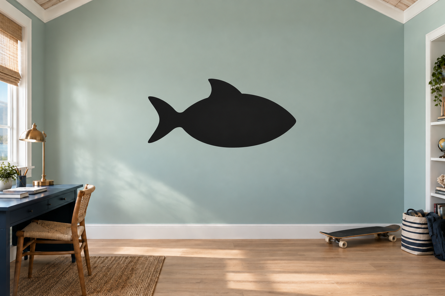 Fish-shaped black chalkboard vinyl wall decal, single finned silhouette