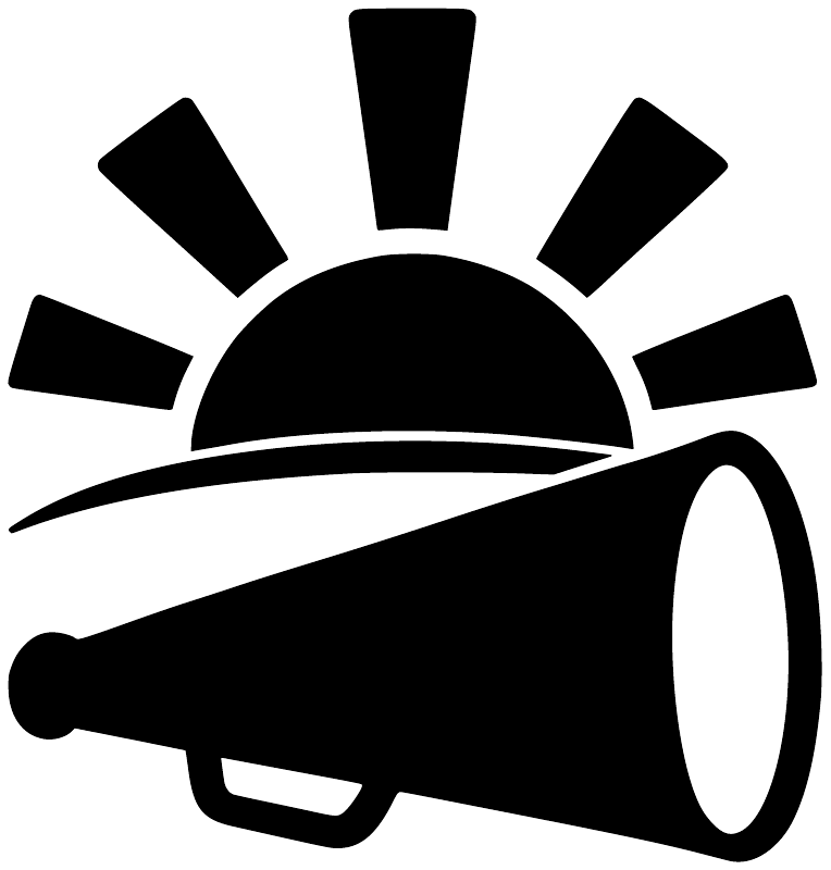 White cheer megaphone and sunburst vinyl decal graphic, bold black outlines