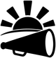 White cheer megaphone and sunburst vinyl decal graphic, bold black outlines