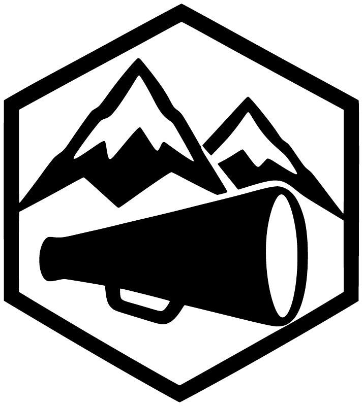 Black vinyl decal logo with mountain peaks and megaphone icon on white background.