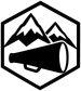 Black vinyl decal logo with mountain peaks and megaphone icon on white background.