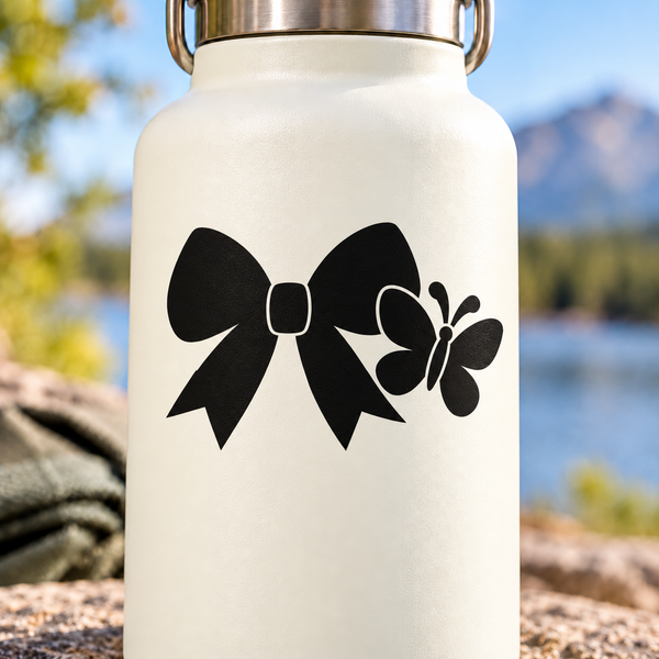 White background vinyl decal: black cheer bow with small butterfly accent