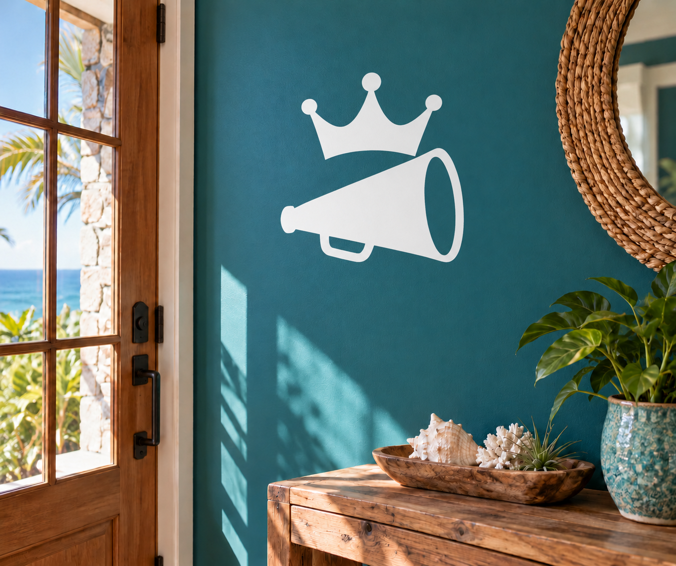 Crown and megaphone vinyl decal, white icon