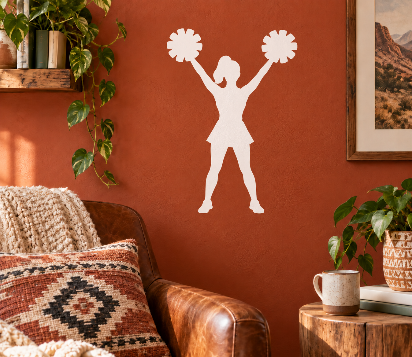 Cheer high-V vinyl decal, white silhouette of cheering cheerleader with arms up