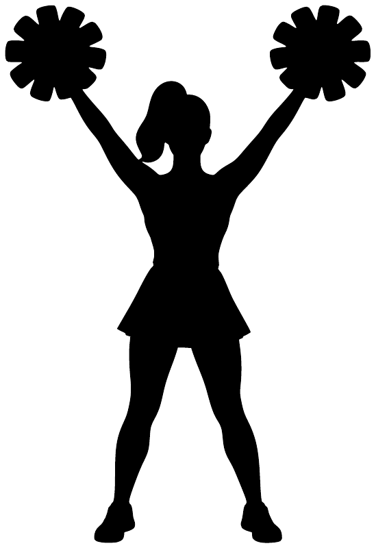 Cheer high-V vinyl decal, black silhouette of cheerleader with pom-poms raised