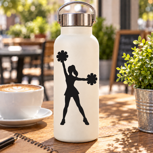 Cheerleader stance vinyl decal, black silhouette holding pom-poms on white bottle