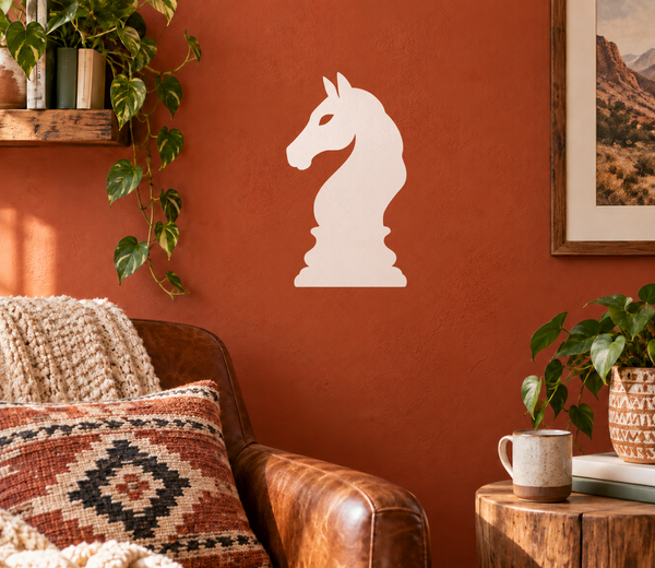 Chess knight vinyl decal, white silhouette on wall