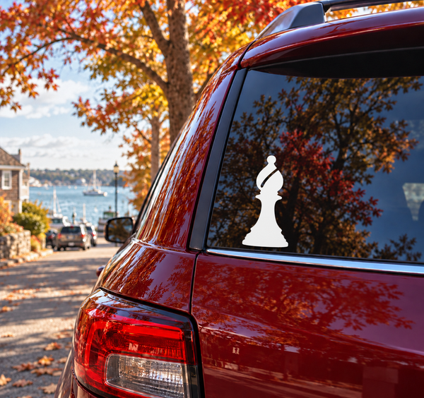 Black chess bishop vinyl decal on car window, arched silhouette