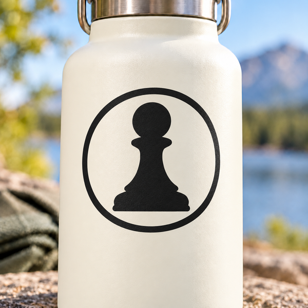 Circular vinyl chess pawn decal with black pawn silhouette on a light background