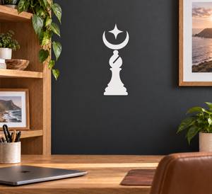 Chess bishop crescent vinyl decal with moon and bishop silhouette, white on dark