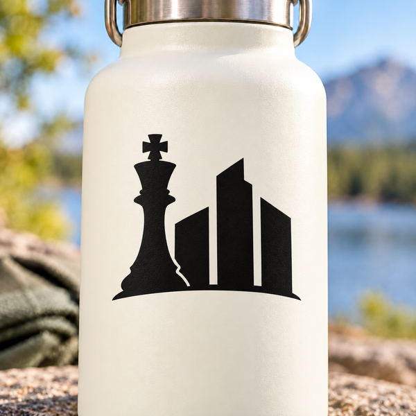 Chess king skyline vinyl decal on white bottle, black piece and skyline graphic
