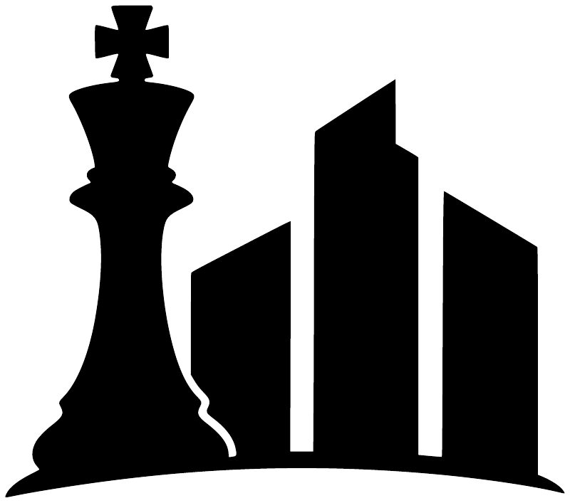 Chess king skyline vinyl decal, black chess piece and city silhouette