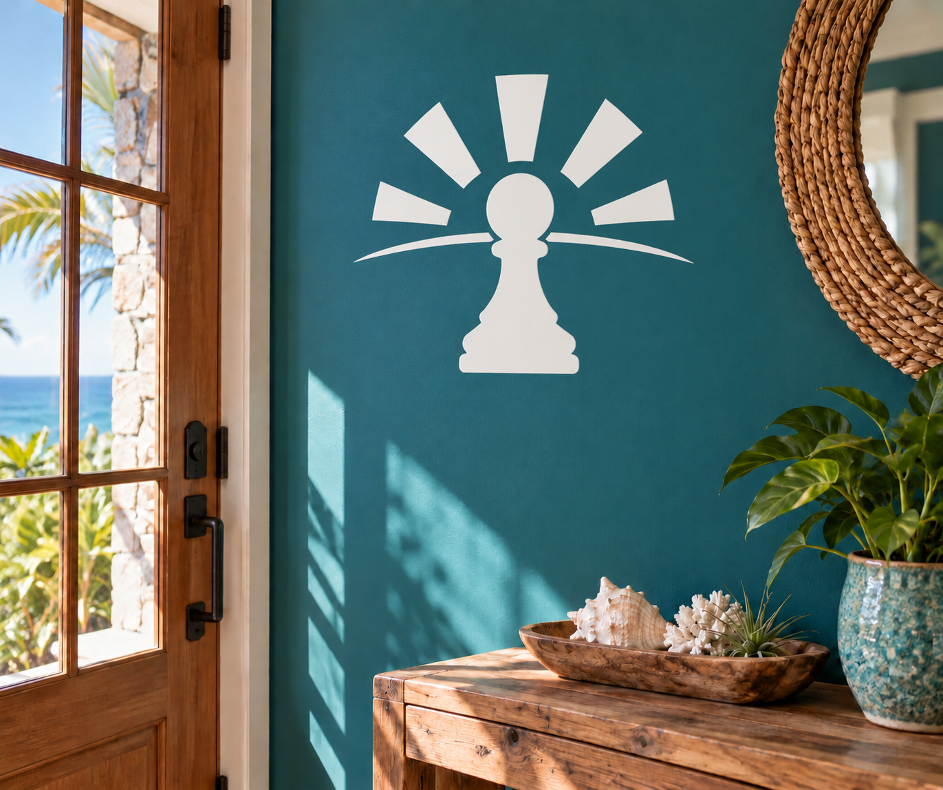 Chess pawn sunrise vinyl decal, white pawn silhouette with radiating rays