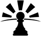 Chess pawn sunrise decal, bold black pawn silhouette with sunburst rays