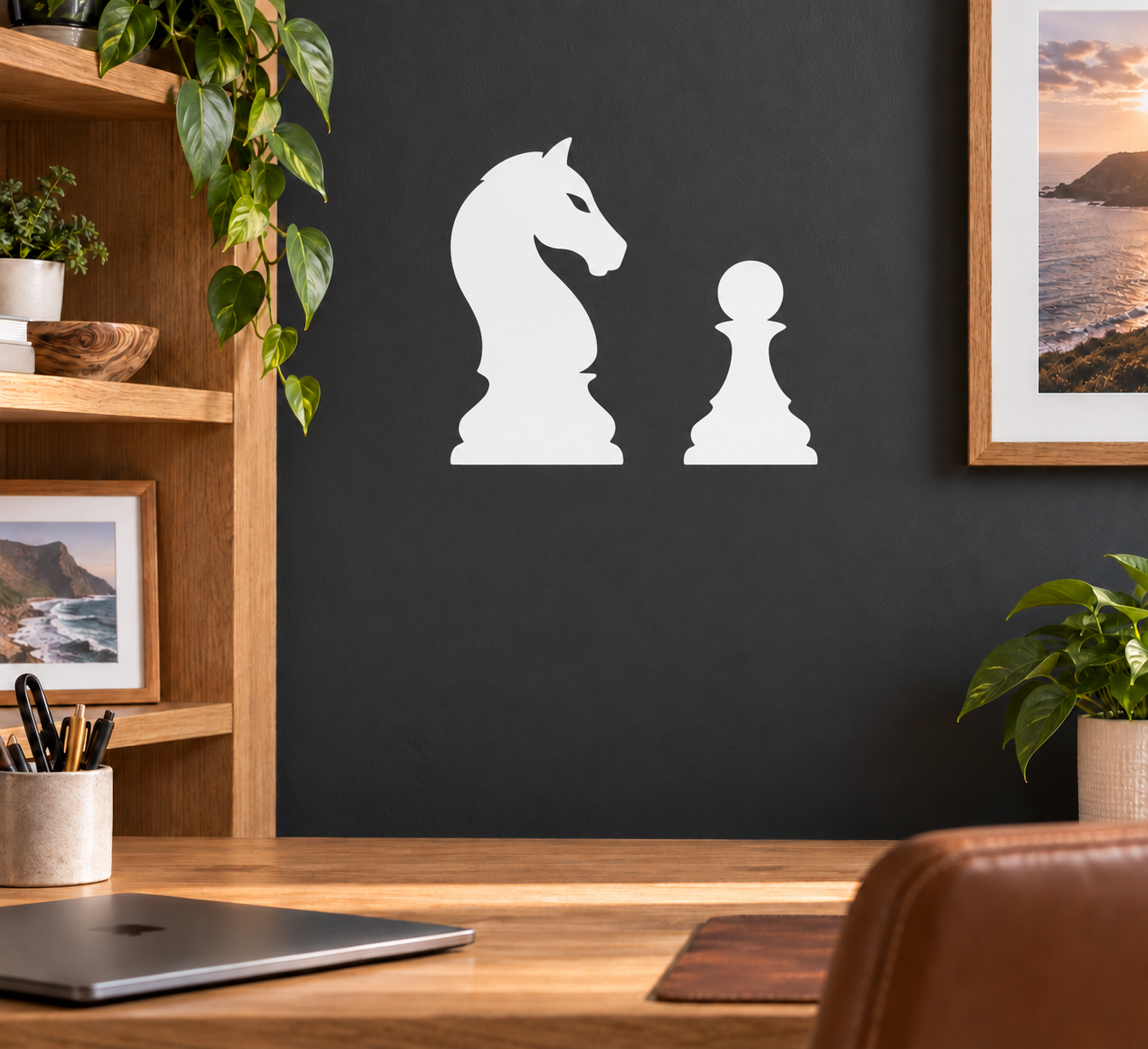 White chess knight and pawn vinyl decal set on dark surface