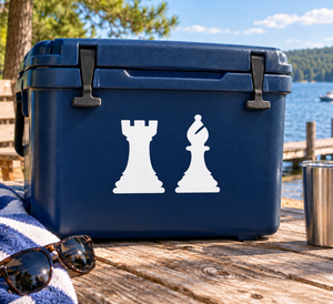 Chess rook and bishop vinyl decal, white silhouettes on dark-blue surface