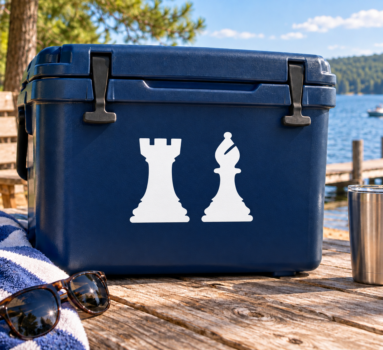 Chess rook and bishop vinyl decal, white silhouettes on dark-blue surface