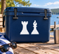 Chess rook and bishop vinyl decal, white silhouettes on dark-blue surface