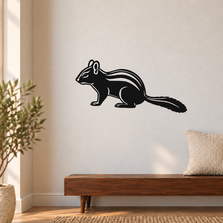 Black seated chipmunk vinyl decal with curved back stripe lines