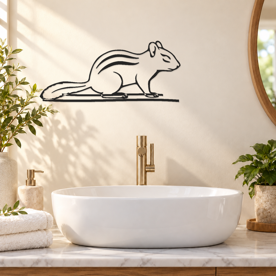 Chipmunk line art wall sticker with sweeping tail and striped body outline