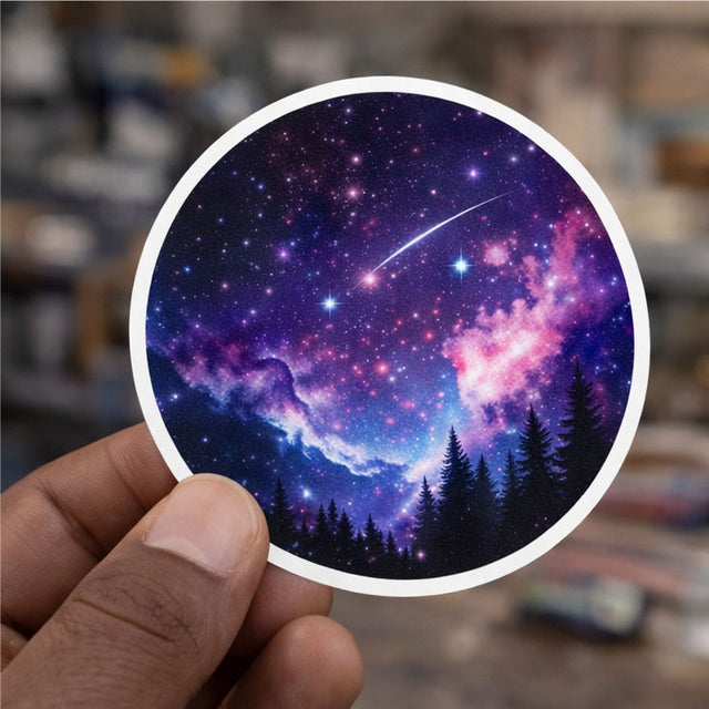 Round galaxy sticker with forest and stars, white border ring