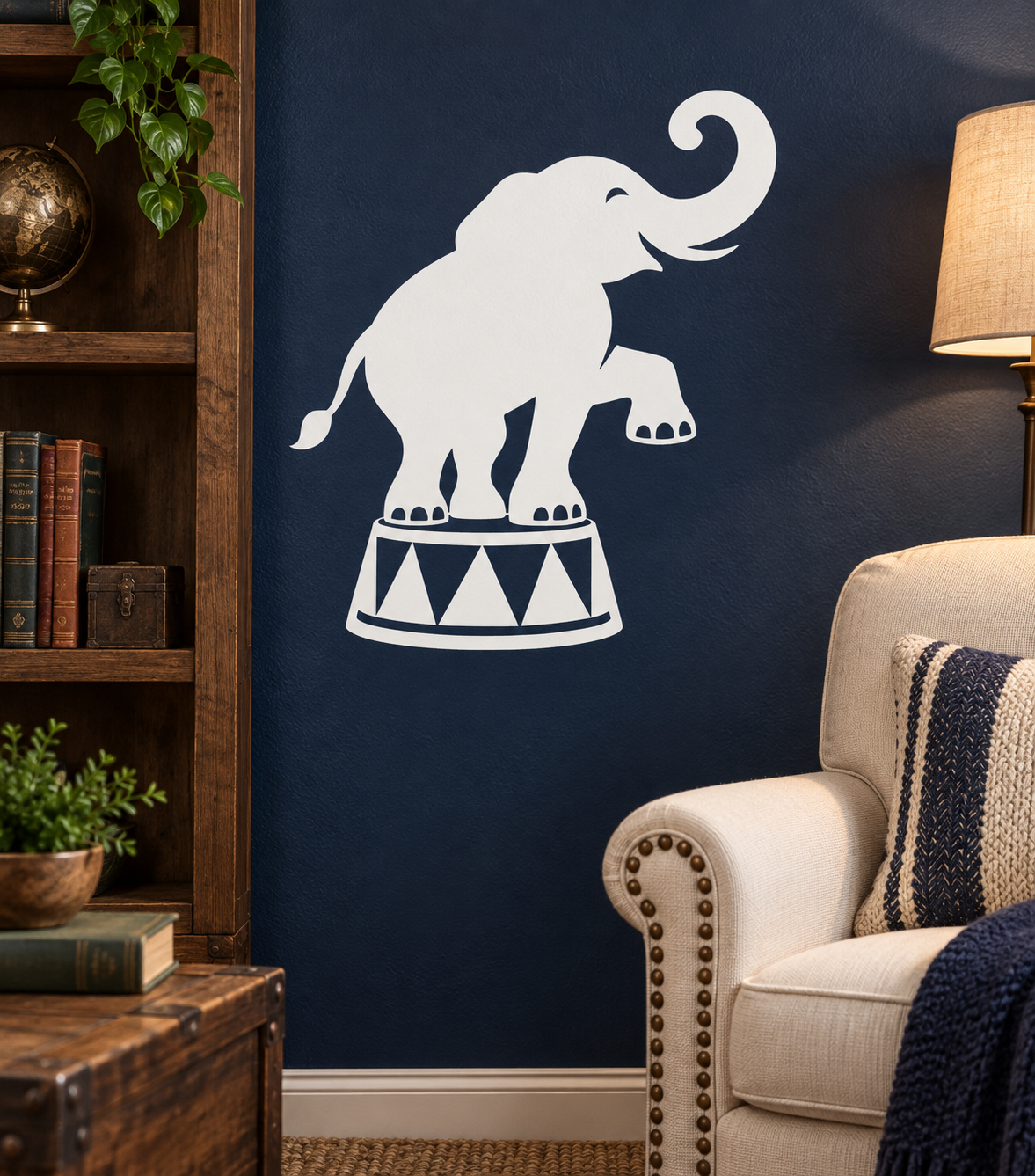 White circus elephant vinyl decal standing on striped pedestal drum