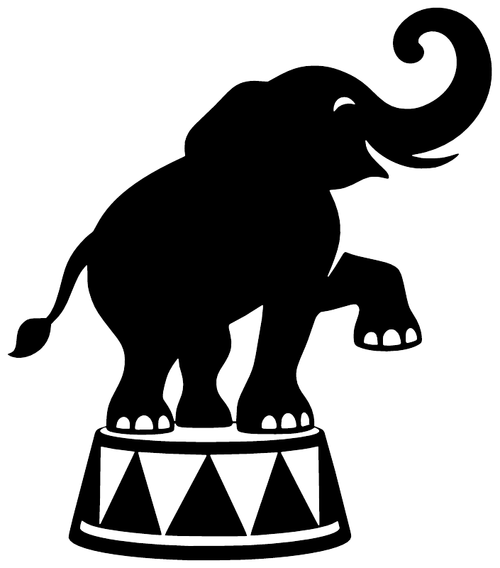 Black circus elephant vinyl decal on striped pedestal drum base