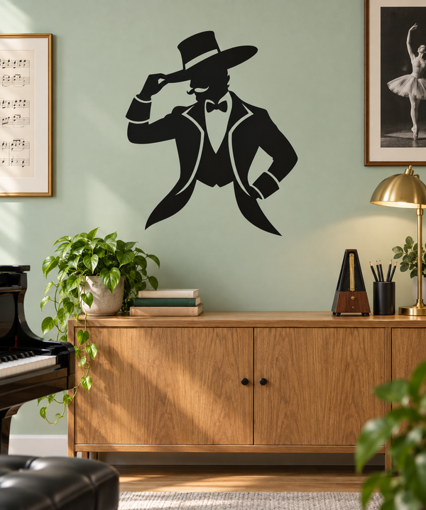 Ringmaster vinyl decal: black top-hat silhouette with bow tie and raised cane