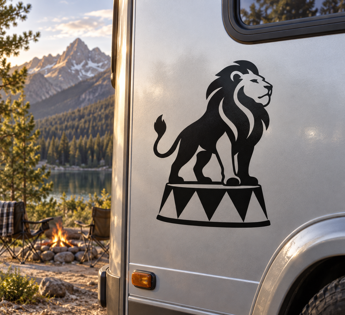 Circus lion platform vinyl decal on vehicle door, black lion with white mane