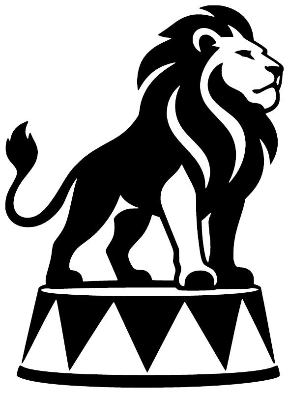 Circus lion platform vinyl decal close-up, black lion with white mane on triangle base