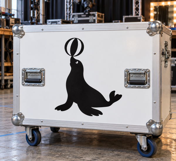 Vinyl seal-and-ball decal with black silhouette on light background