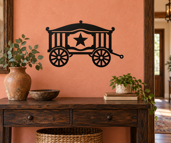 Circus wagon profile vinyl decal, black outline with star banner and wagon wheels