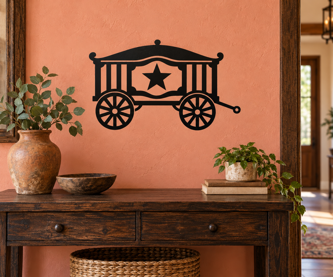 Circus wagon profile vinyl decal, black outline with star banner and wagon wheels